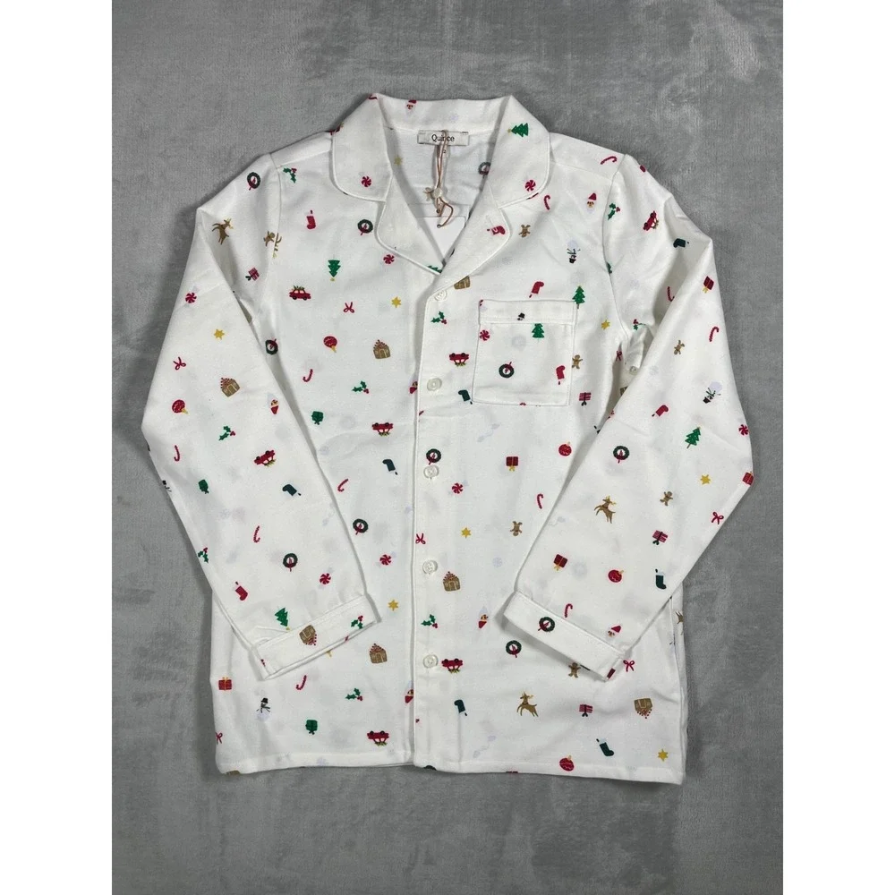 Quince Pajama Set Kids 12 White Christmas Holiday Print Button Up Sleepwear